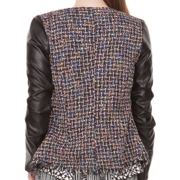 BCBG Max Azria Multicolor Cropped Leather Tweed Jacket - Size Medium - Picture 2 of 8
